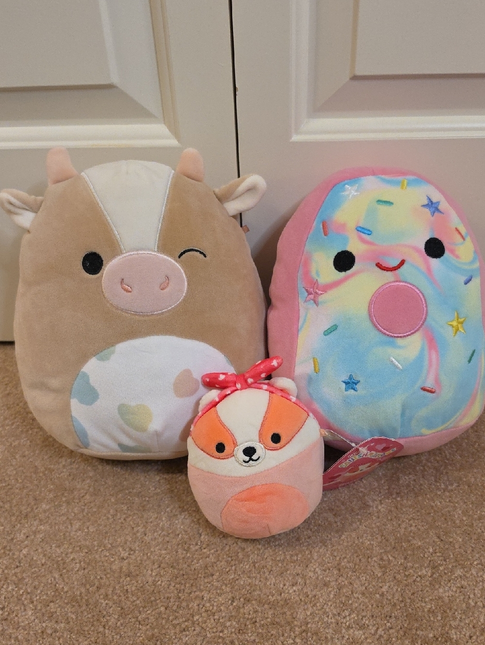 Squishmallows Pink Multicolor Donut, Tan Pig, and Pink Orange Corgi Plush Bundle